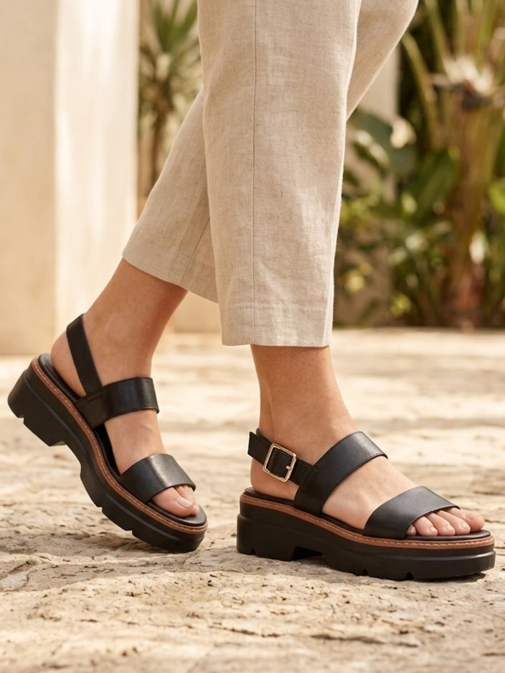 Naturalizer Black Leather Lug Sole Slingback Sandals